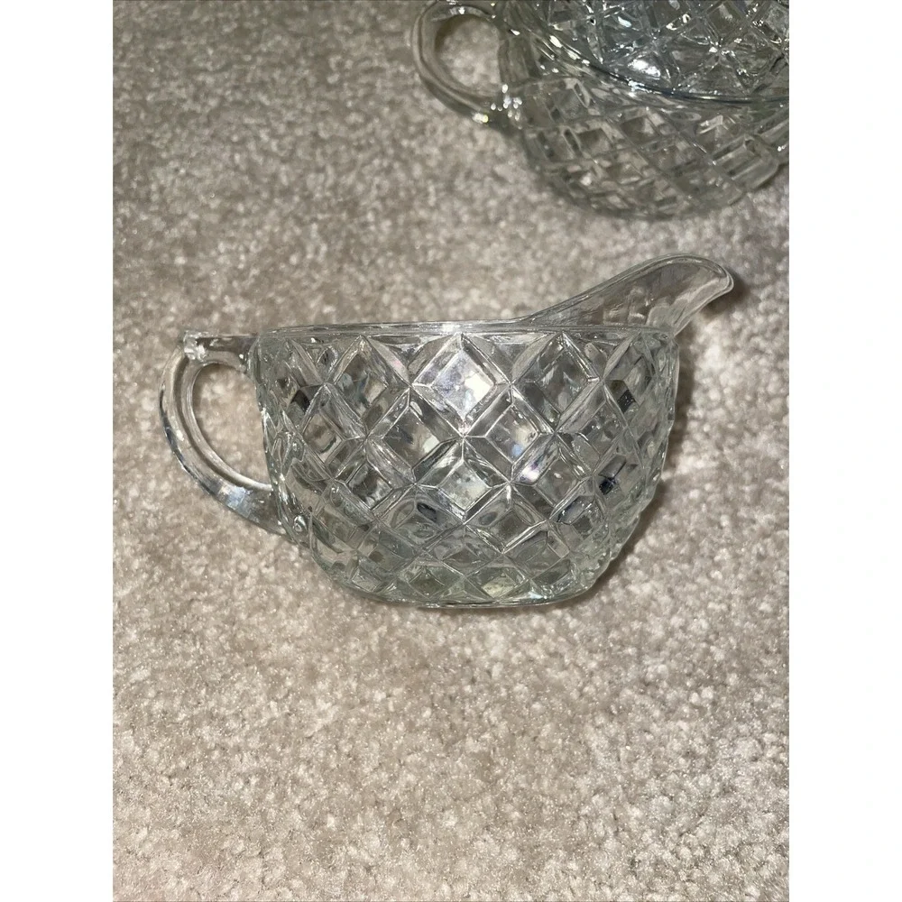 Vintage Pressed Glass Creamer and Lidded Sugar Bowl Set‎ Diamond Pattern Clear